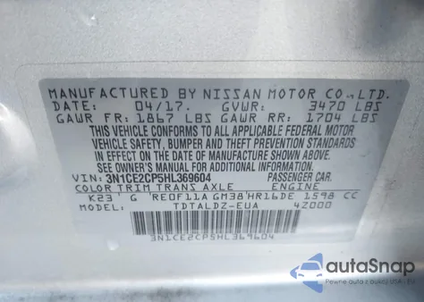 2017 Nissan Versa Note Sv z USA, uszkodzony, nr VIN 3N1CE2CP5HL369604